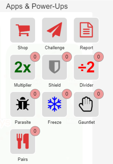 Challenge app menu showing responses and power-ups.