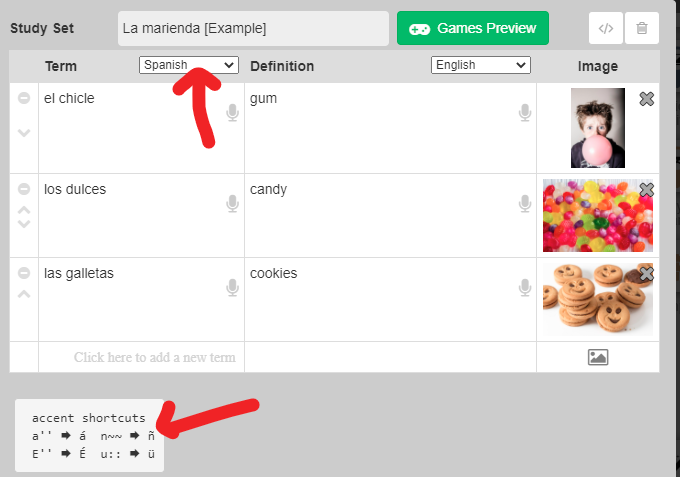 Study Set editing controls above a term-and-definition table.