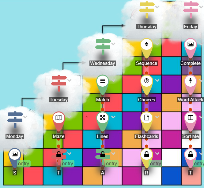 Lesson map with activities above a colourful climbing-block background.