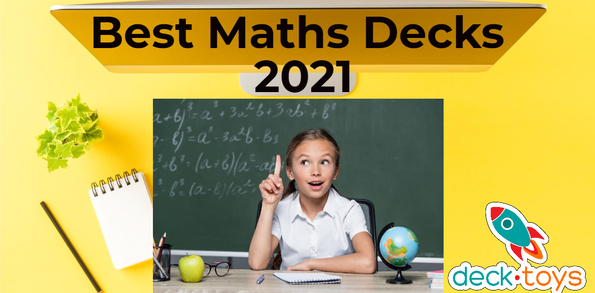 Best Maths Decks 2021 graphic with a student, chalkboard and stationery.