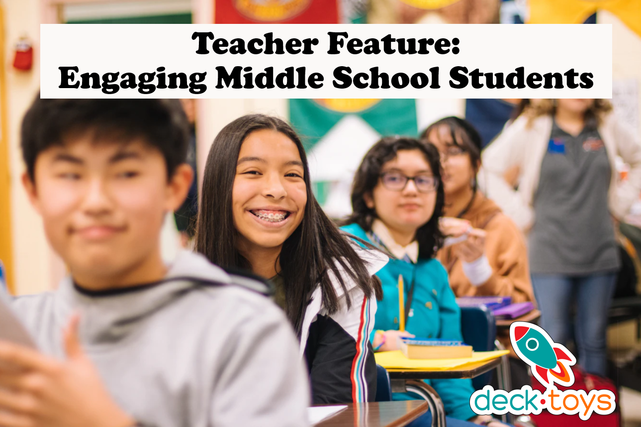 Teacher Feature: Engaging Middle School Students graphic with a group of students.