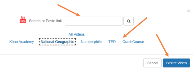 Video selection dialog with a search box, providers and Select Video button.