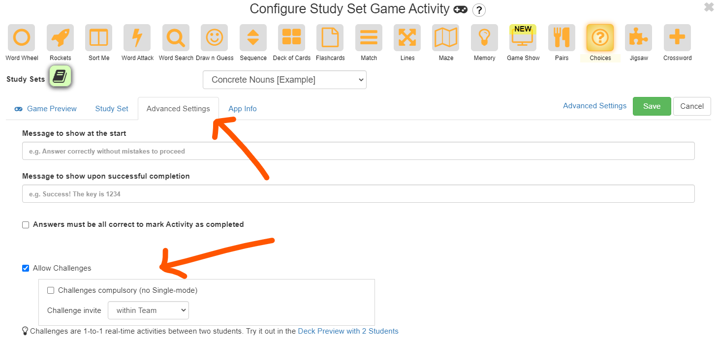 Study Set activity configuration with game and challenge settings highlighted.
