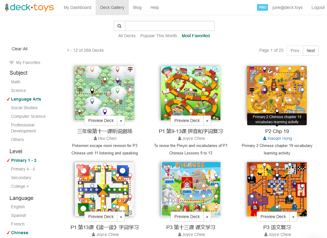 Deck Library search results displayed as a grid of lesson maps.
