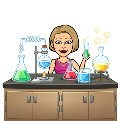 Illustrated science teacher avatar at a laboratory bench.