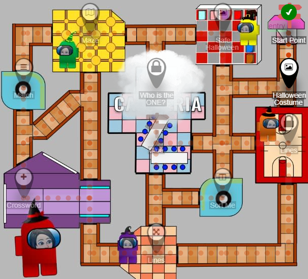Halloween lesson map with linked activities across a colourful floor plan.