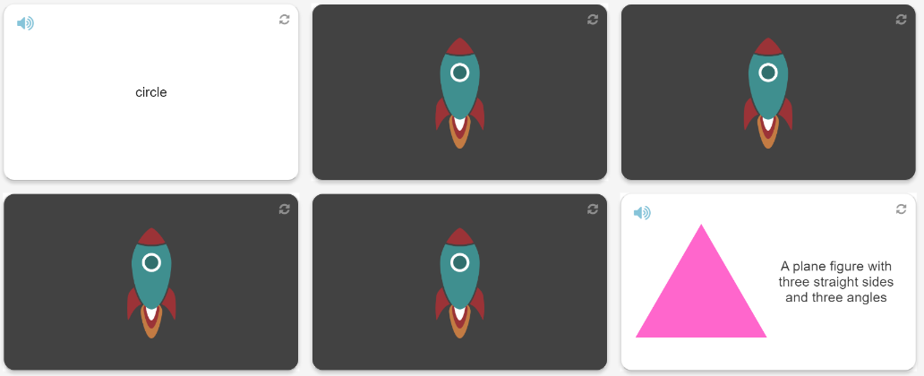 Memory cards showing shape terms and image clues.