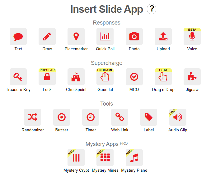 Insert Slide App menu showing available response tools.