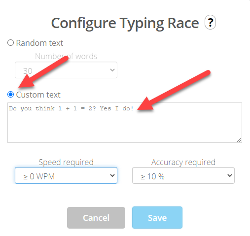Typing Race configuration with text, speed and accuracy settings.