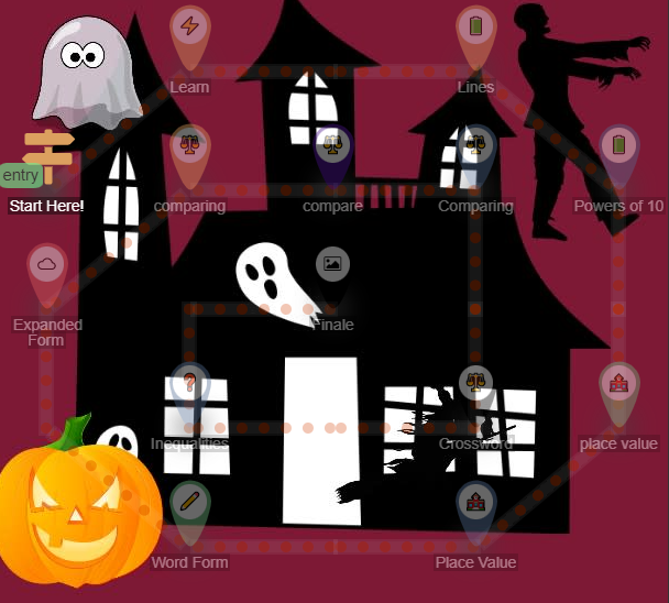 Halloween lesson map with a haunted house, pumpkins and activity markers.
