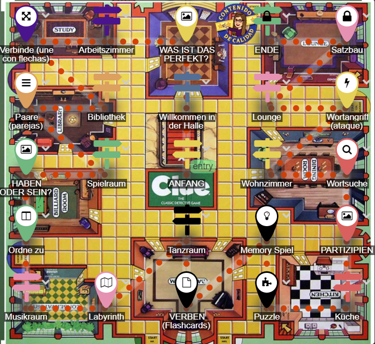Language lesson map with activity paths across a bookcase background.
