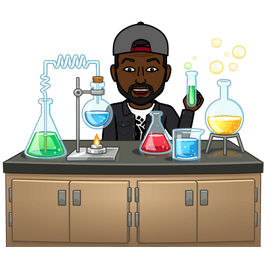 Illustrated science teacher avatar at a laboratory bench.
