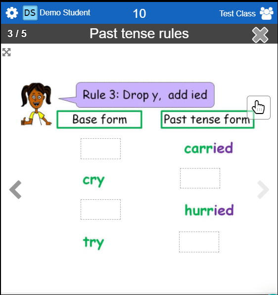 Language activity preview with coloured response and verb tiles.