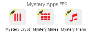 Mystery Apps selector with Mystery Crypt, Mystery Mines and Mystery Piano.