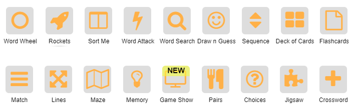 Study Set Game selector with classroom review activities.
