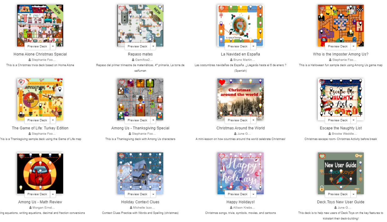 Deck Library displaying classroom lesson examples.