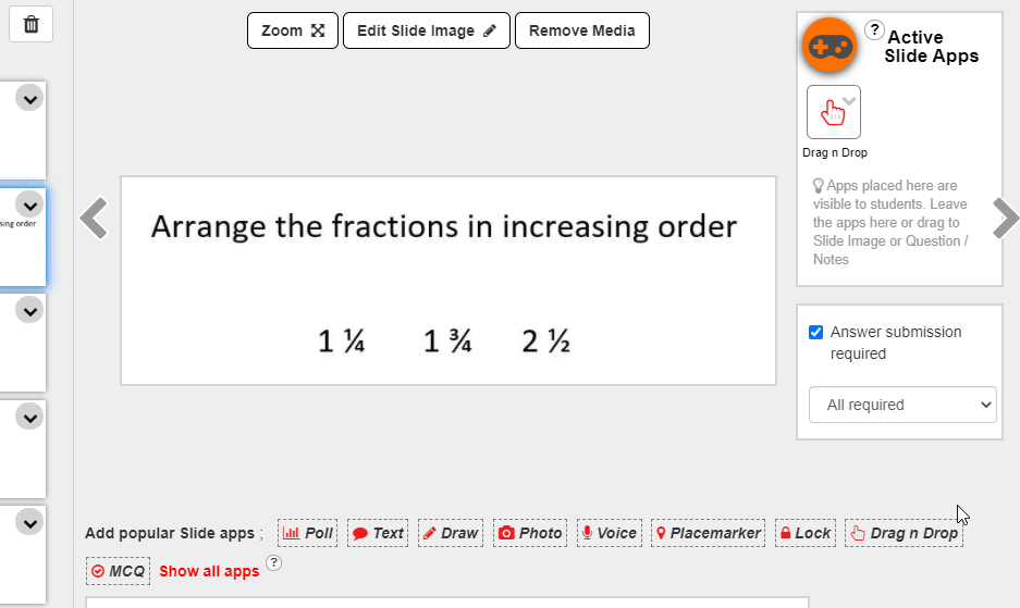 Slide editor with a question asking students to arrange fractions in increasing order.