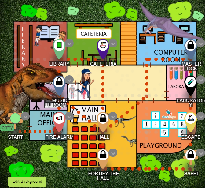 School-themed escape room with linked activities and cartoon characters.