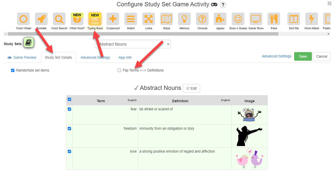 Deck Builder activity settings highlighting the Typing Race app.