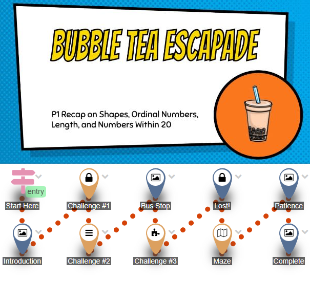 Bubble Tea Escapade maths lesson with illustrated drinks and activity paths.