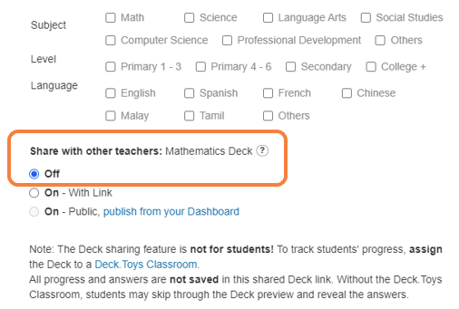 Share with other teachers setting highlighted in Deck Settings.