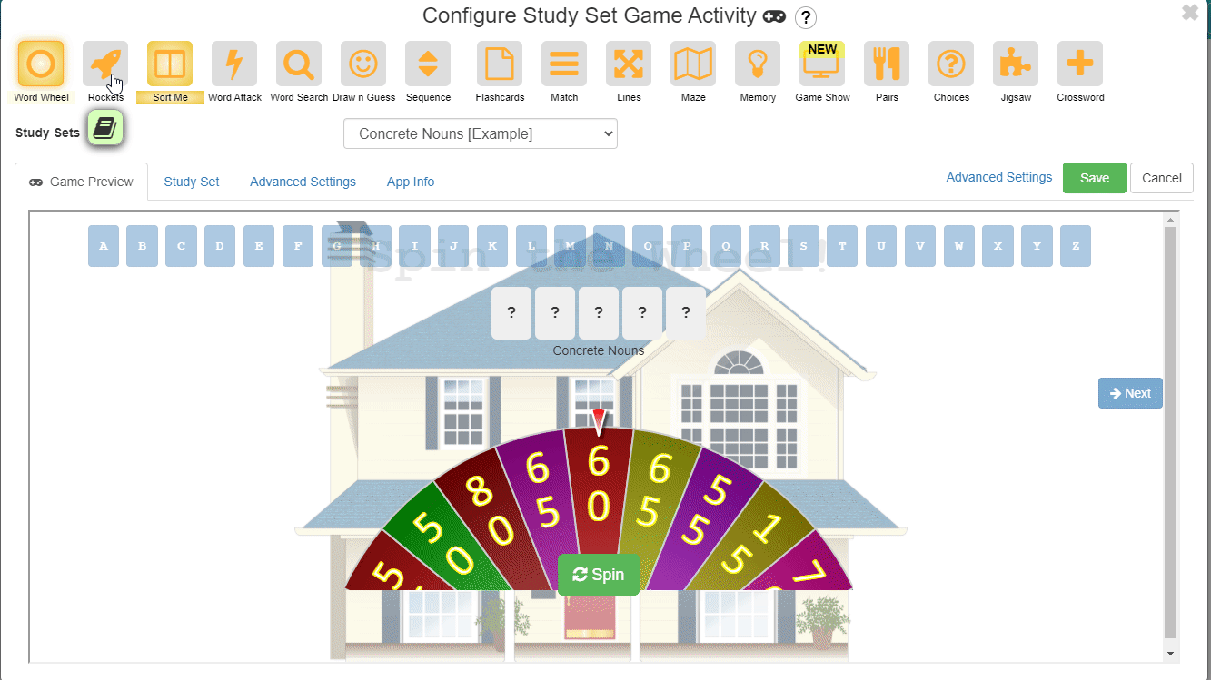 Study Set activity editor with a colourful game wheel preview.