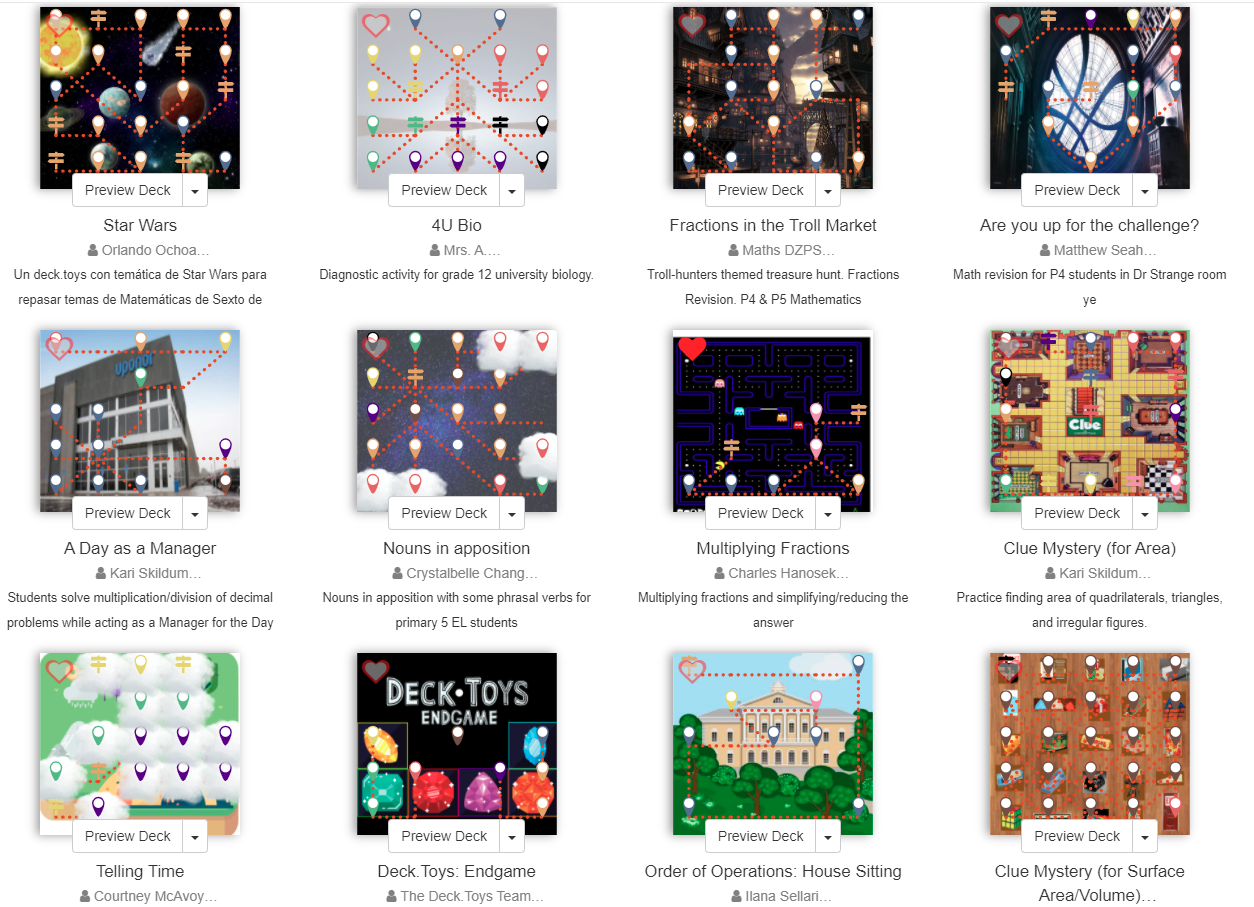 Deck Library with varied lesson backgrounds and activity maps.