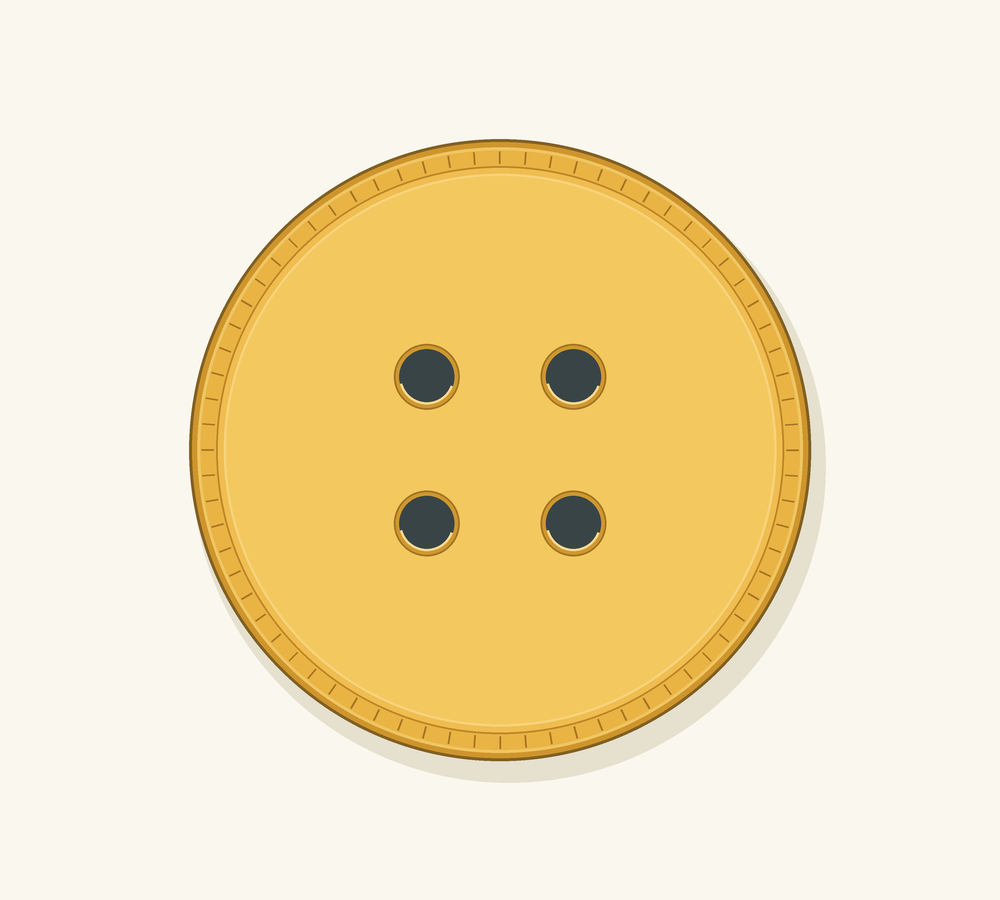 The whole illustrated yellow button has a circular ridged rim and four dark holes arranged in a square.