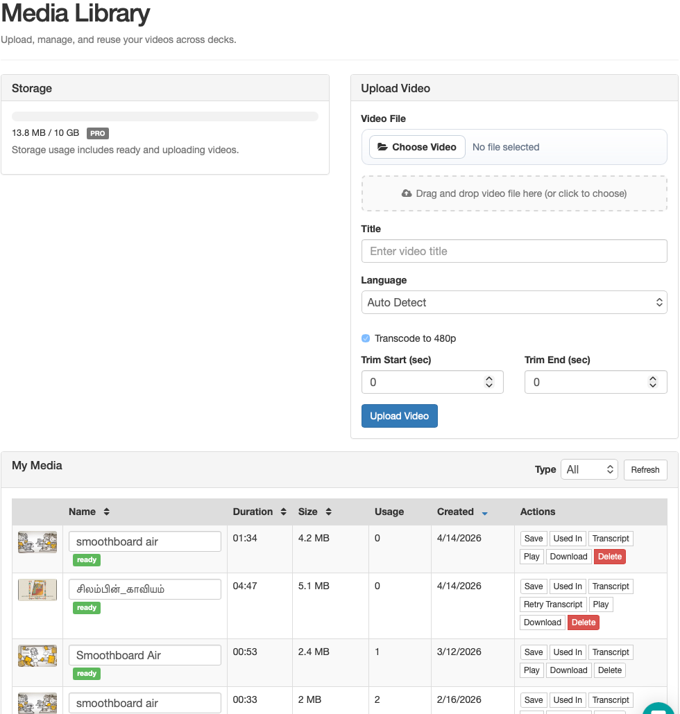 Deck.Toys Media Library video upload screen